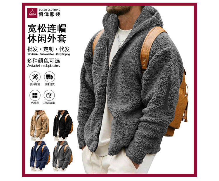 2025 Cross-Border Jacket Men's Autumn and Winter Double-Sided Velvet Warm Jacket Amazon Loose Hooded Casual Jacket