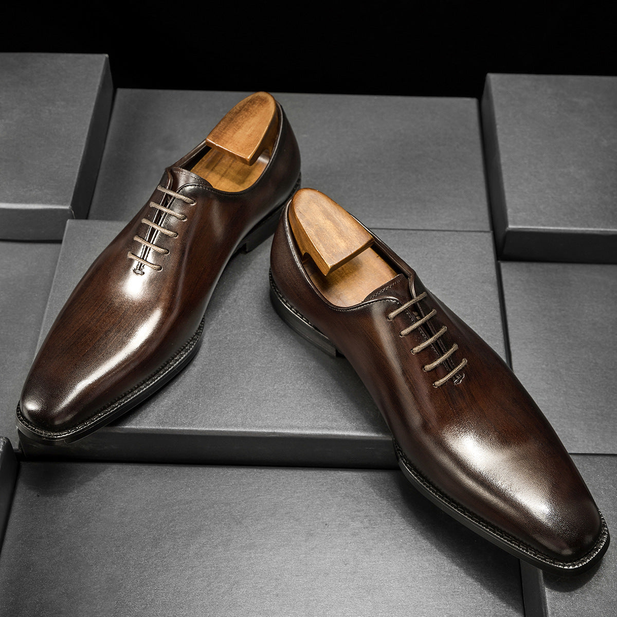 [One-piece Oxford Shoes-Hand-brushed] Men's Leather Shoes Business Dress British Style Groom Leather Shoes Men