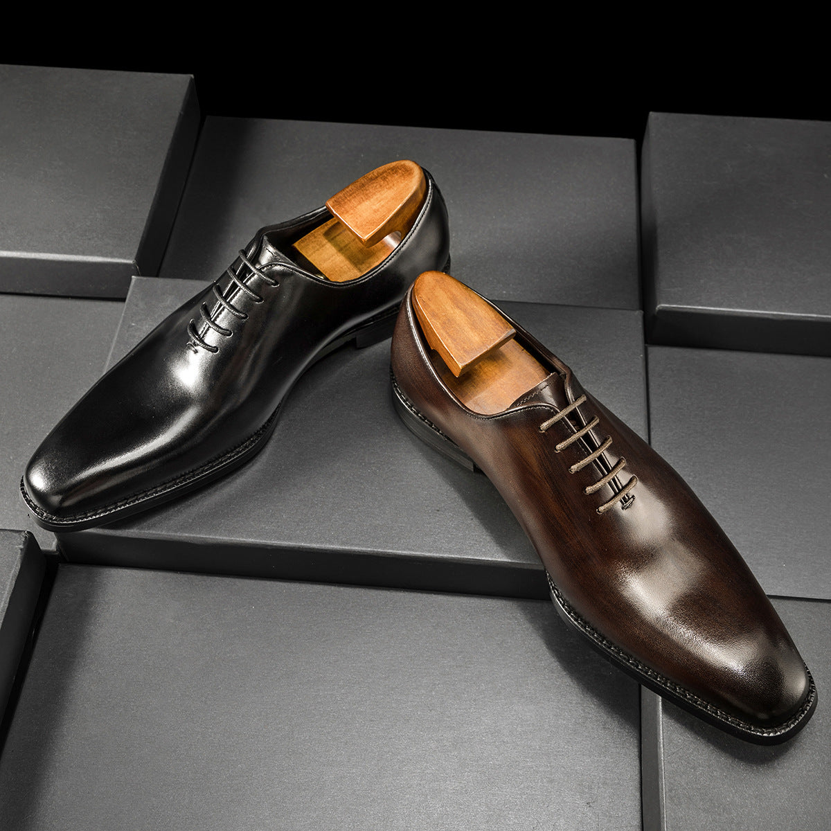 [One-piece Oxford Shoes-Hand-brushed] Men's Leather Shoes Business Dress British Style Groom Leather Shoes Men