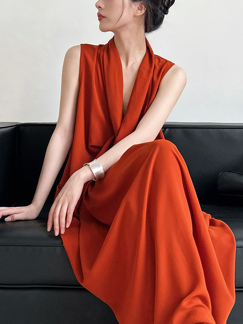 Luxi Elegant V-neck Sleeveless Kink Waist dress Women's Slimming Irregular High-end Hong Kong-style Long Skirt 3985