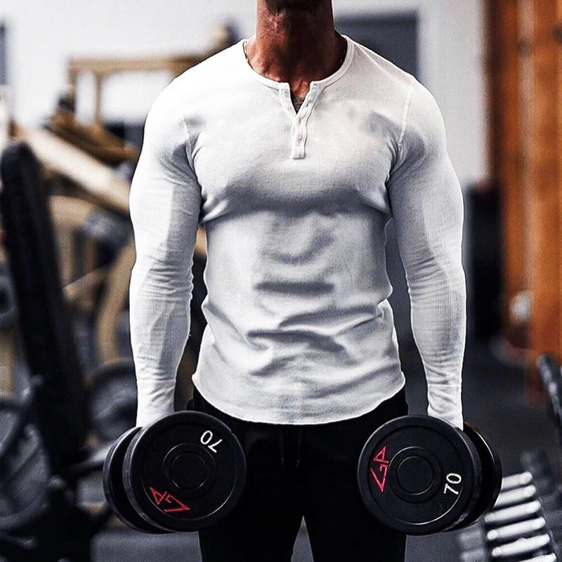 Muscle Fitness Men's Spring and Autumn Sports Leisure Running Breathable Sweat Absorbing Stretch Long Sleeve Button V Henry T-Shirt