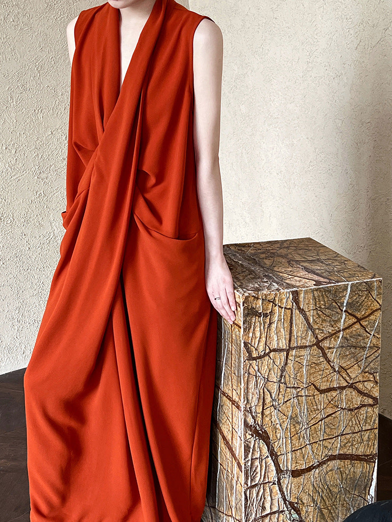 Luxi Elegant V-neck Sleeveless Kink Waist dress Women's Slimming Irregular High-end Hong Kong-style Long Skirt 3985