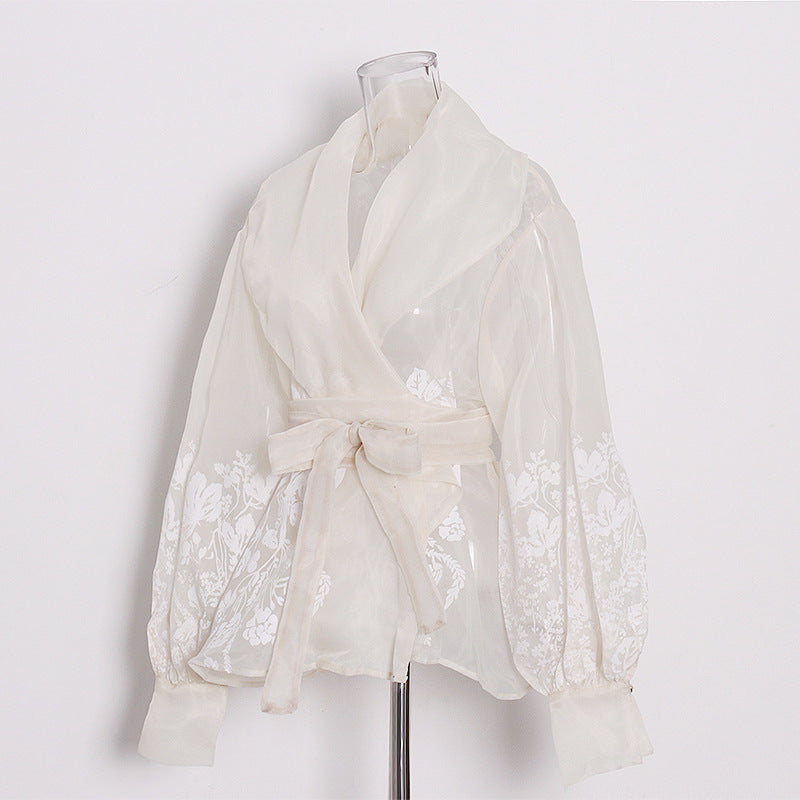 French-Style Elegant Printed Blouse 2026 Summer New Organza Large Lapel Lantern Sleeve Waist-Cinching Tie Shirt for Women