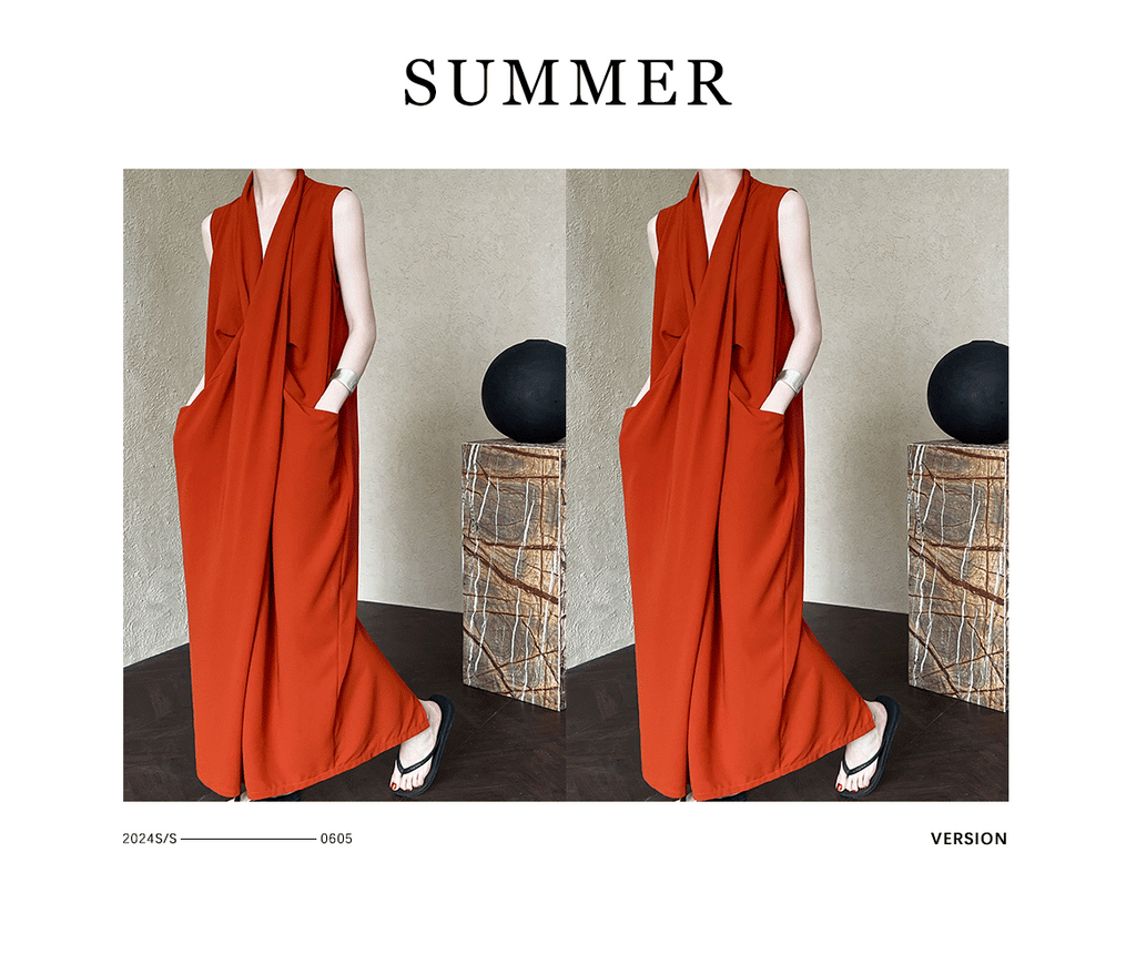 Luxi Elegant V-neck Sleeveless Kink Waist dress Women's Slimming Irregular High-end Hong Kong-style Long Skirt 3985