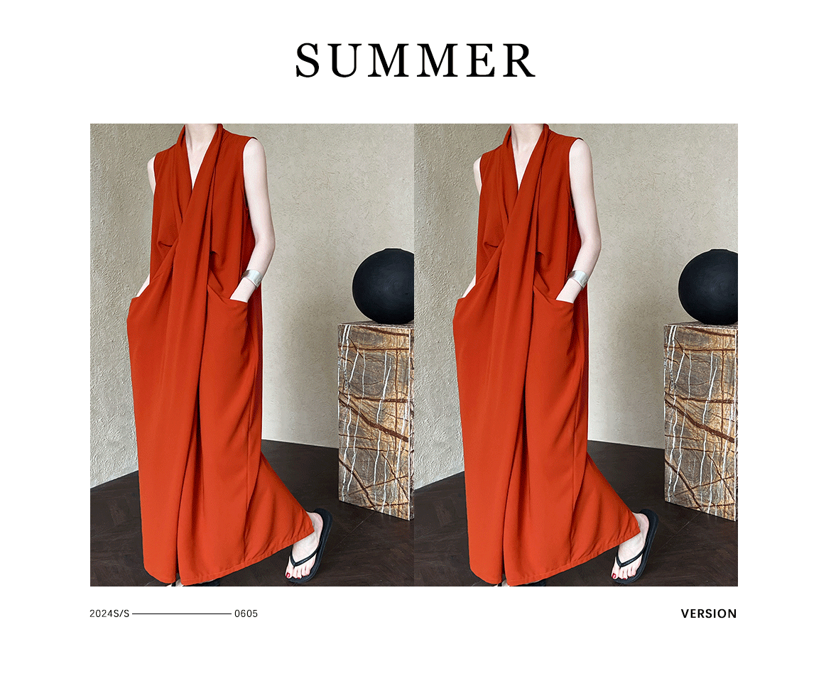 Luxi Elegant V-neck Sleeveless Kink Waist dress Women's Slimming Irregular High-end Hong Kong-style Long Skirt 3985