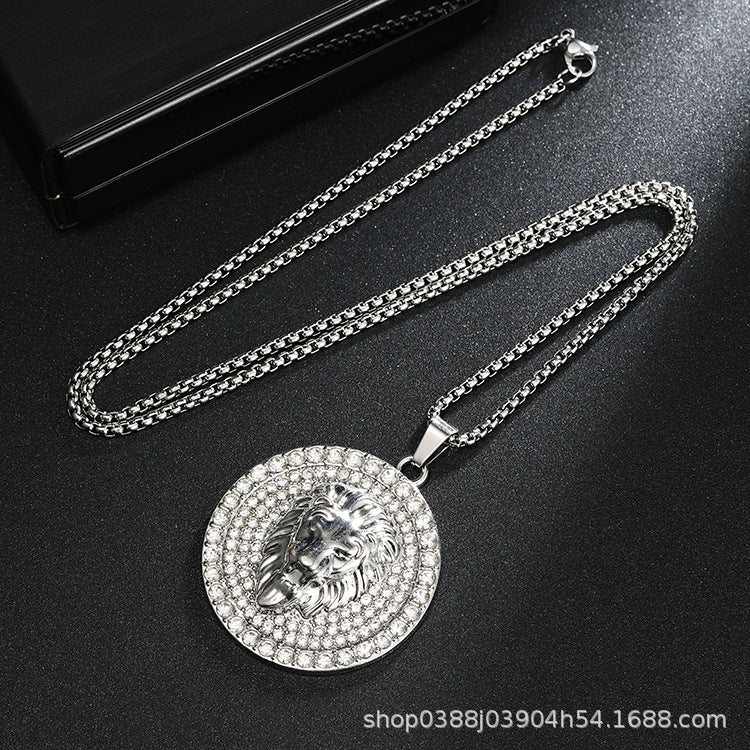AliExpress Hot Sale Three-Dimensional Diamond Set Disc Lion Head Necklace Trendy Men's Stainless Steel sweater chain Pendant Jewelry