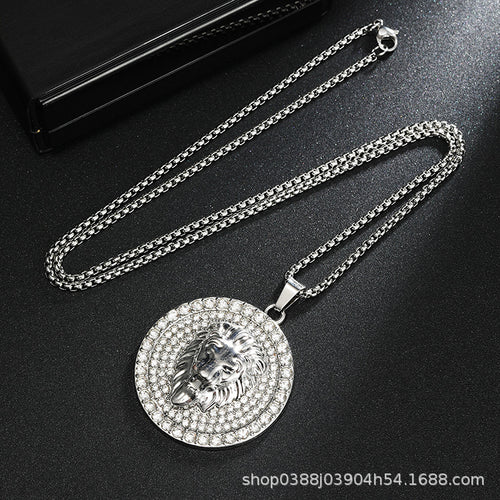 AliExpress Hot Sale Three-Dimensional Diamond Set Disc Lion Head Necklace Trendy Men's Stainless Steel sweater chain Pendant Jewelry