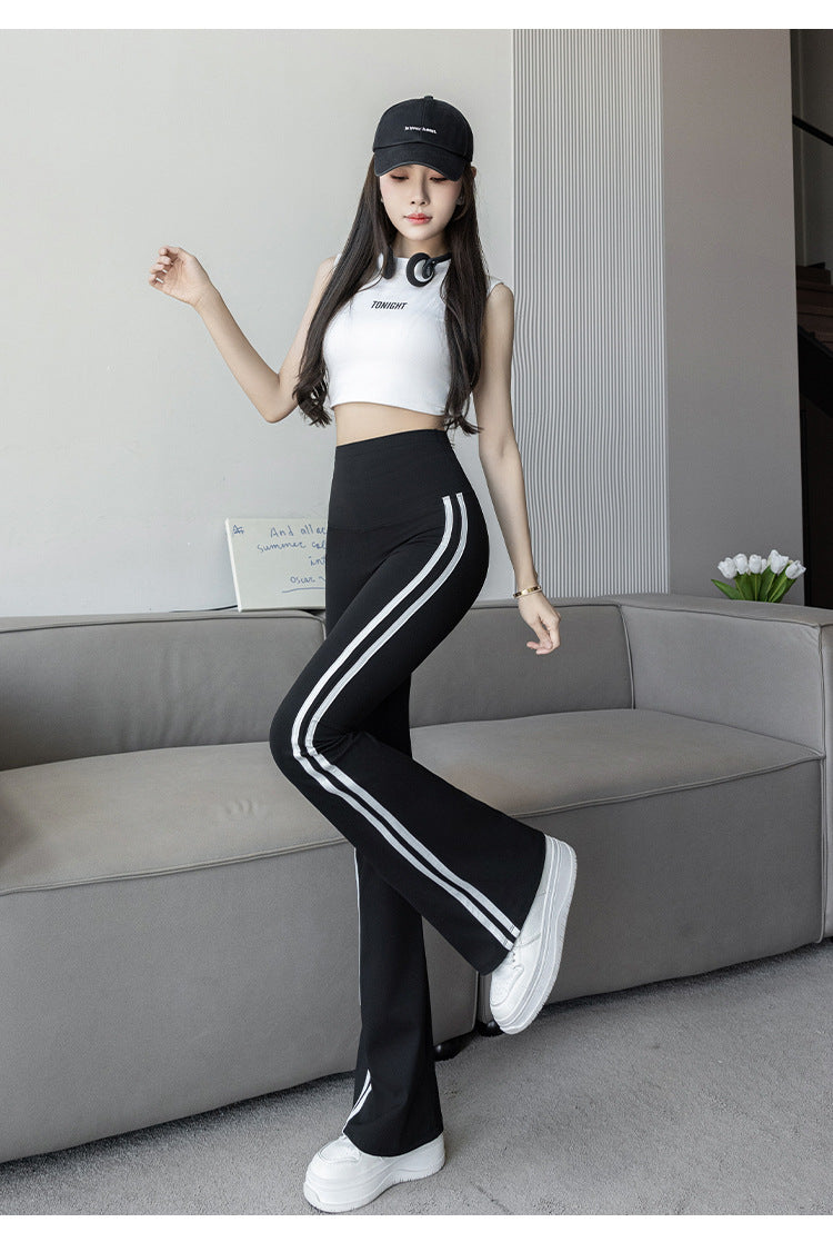 Plus Size Shark Bell Bottoms Spring Pants Women's Outer Wear Boot-Cut Pants Shark Pants High Waist Slim Side White Striped Women's Pants