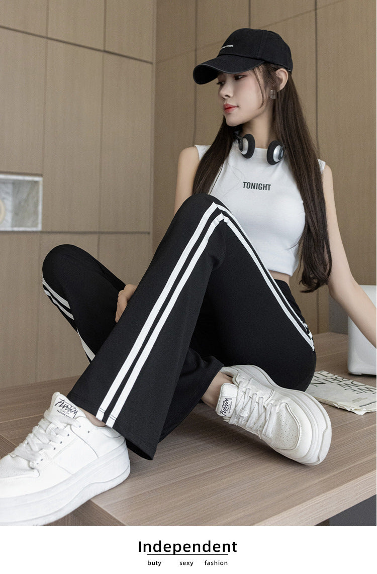 Plus Size Shark Bell Bottoms Spring Pants Women's Outer Wear Boot-Cut Pants Shark Pants High Waist Slim Side White Striped Women's Pants