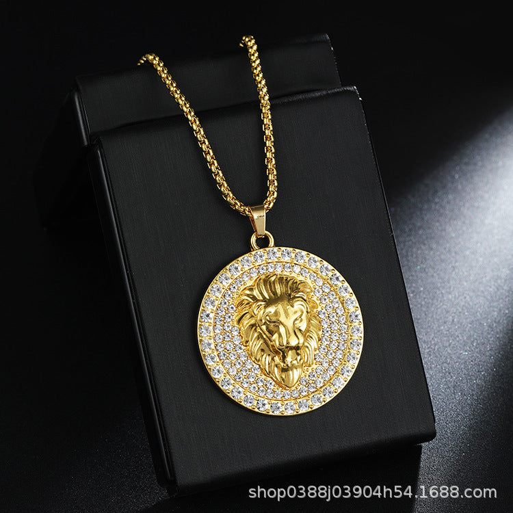 AliExpress Hot Sale Three-Dimensional Diamond Set Disc Lion Head Necklace Trendy Men's Stainless Steel sweater chain Pendant Jewelry