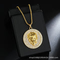 AliExpress Hot Sale Three-Dimensional Diamond Set Disc Lion Head Necklace Trendy Men's Stainless Steel sweater chain Pendant Jewelry