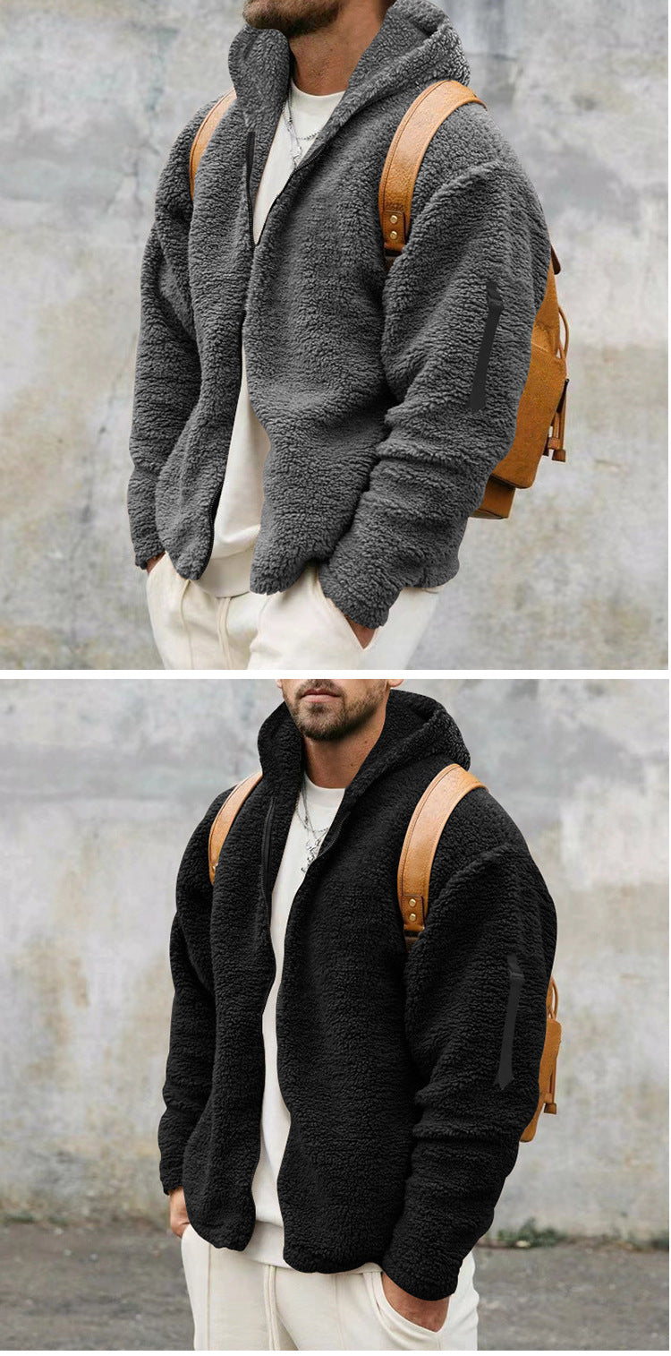 2025 Cross-Border Jacket Men's Autumn and Winter Double-Sided Velvet Warm Jacket Amazon Loose Hooded Casual Jacket