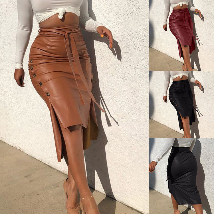 Women's PU leather skirt mid-length slim fit