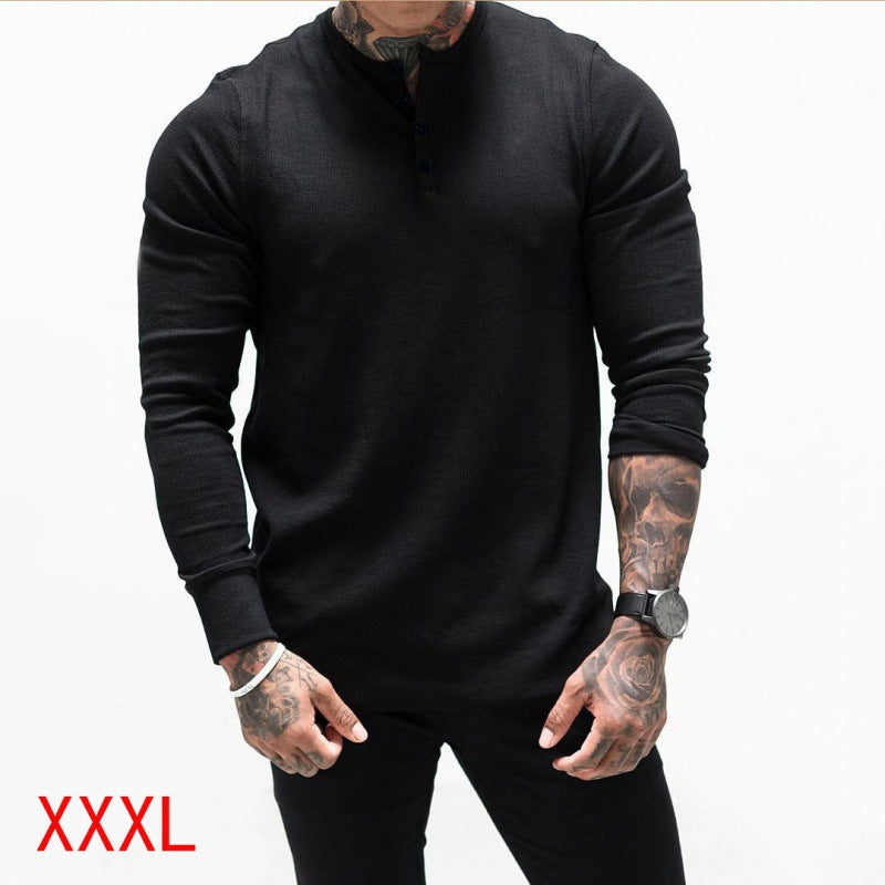 Muscle Fitness Men's Spring and Autumn Sports Leisure Running Breathable Sweat Absorbing Stretch Long Sleeve Button V Henry T-Shirt