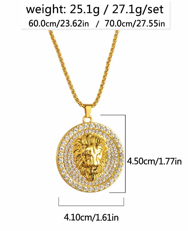 AliExpress Hot Sale Three-Dimensional Diamond Set Disc Lion Head Necklace Trendy Men's Stainless Steel sweater chain Pendant Jewelry