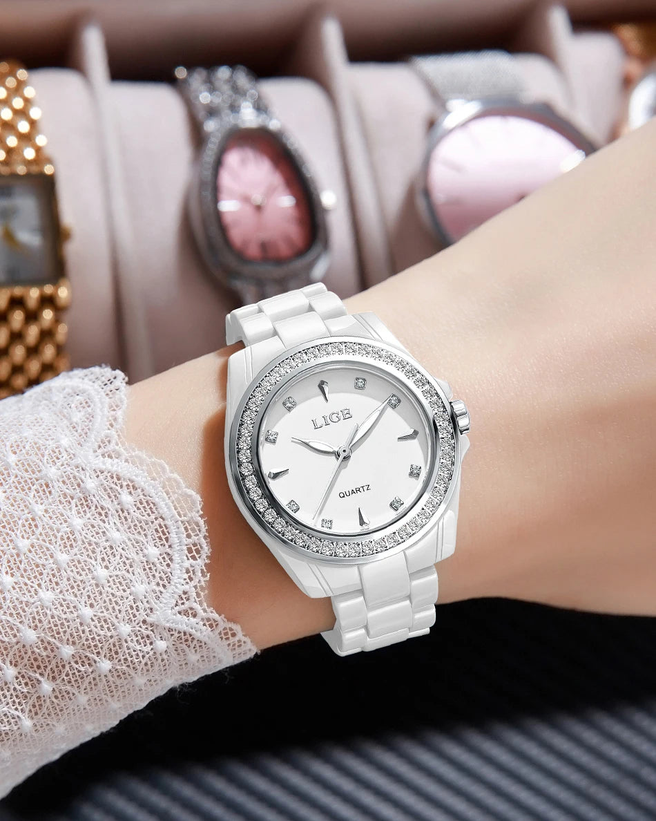 LIGE TOP Women Quartz Watches 2026 Ceramic Elegant Fashion Waterproof Luminous Clock Vintage Watch for Women Reloj De Mujer+BOX