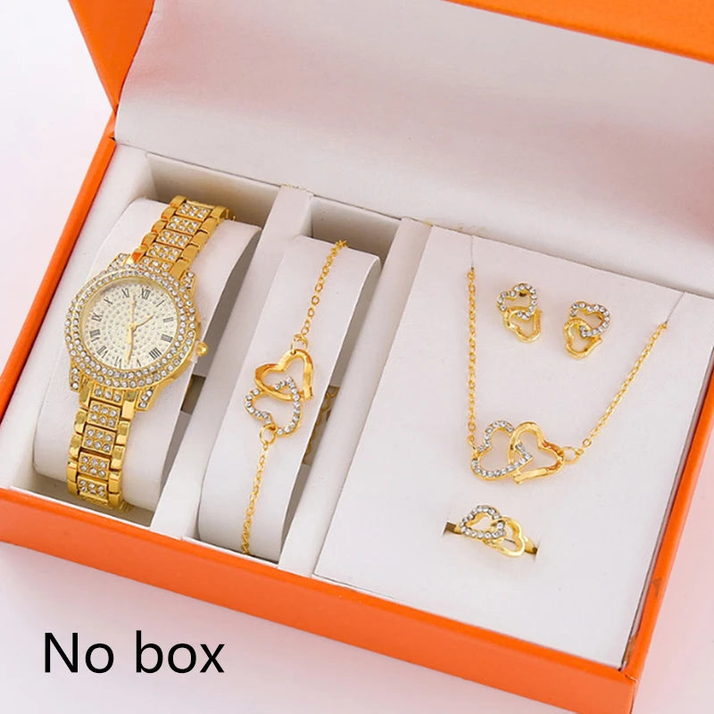 6Pcs Women's Rhinestone Quartz Watch Set Fashion Wrist Watch & Jewelry Set Gift