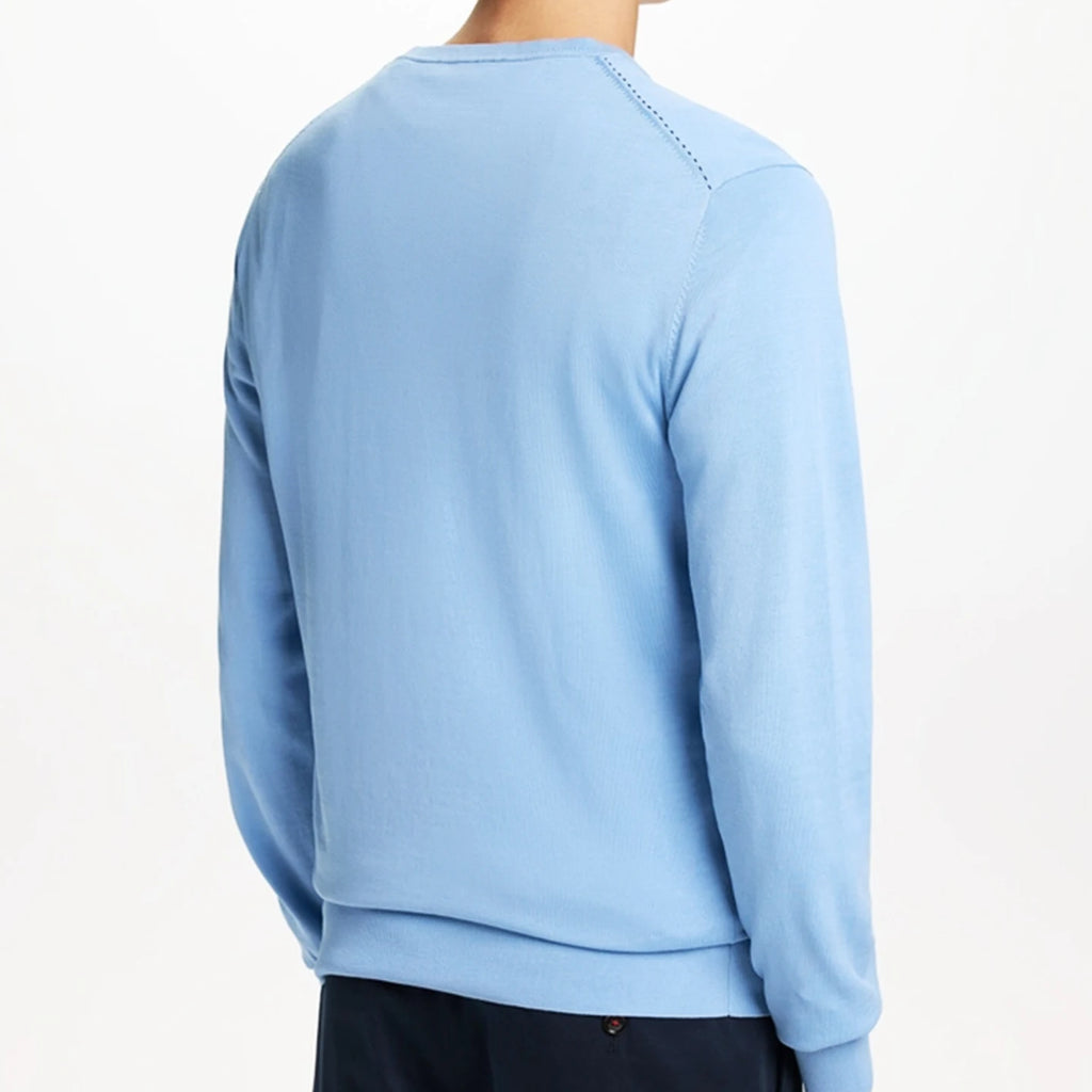 Men's Embroidered V-Neck Knit Sweater in light blue, showcasing the back view and soft knit fabric.