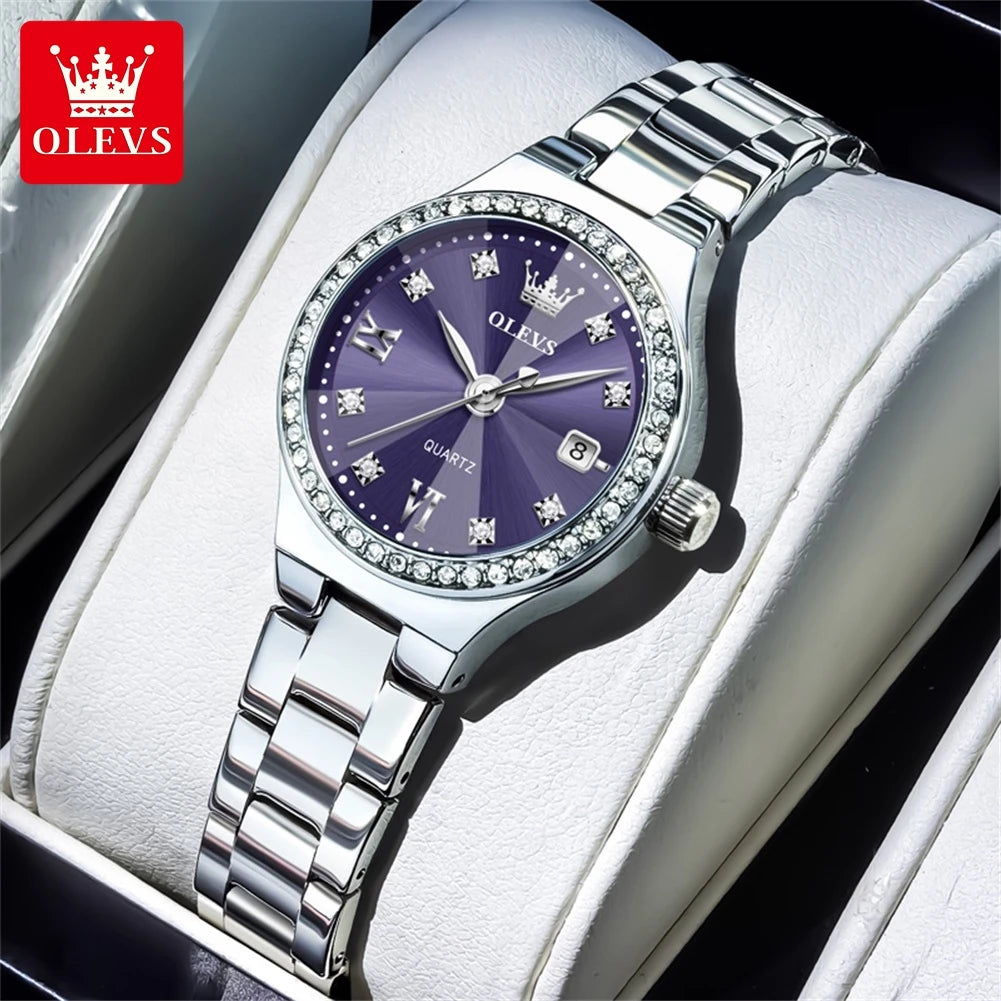 OLEVS 5628 Elegant Ladies' Watch Auto Date Diamond Dial Stainless Steel Waterproof Ladies' Quartz Watch