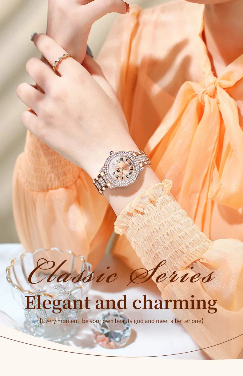OLEVS 9943 Womens Watch Original Fashion Quartz Watch Roman Inlaid Zircon Dial Reloj Waterproof Luminous  Ladies Watch Box