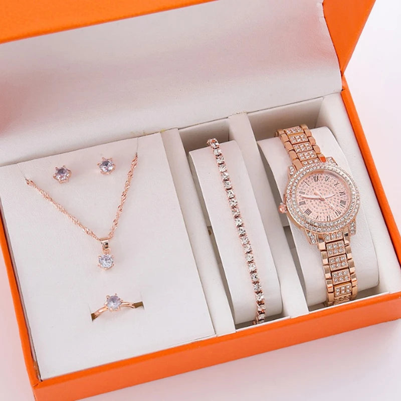 6Pcs Women's Rhinestone Quartz Watch Set Fashion Wrist Watch & Jewelry Set Gift