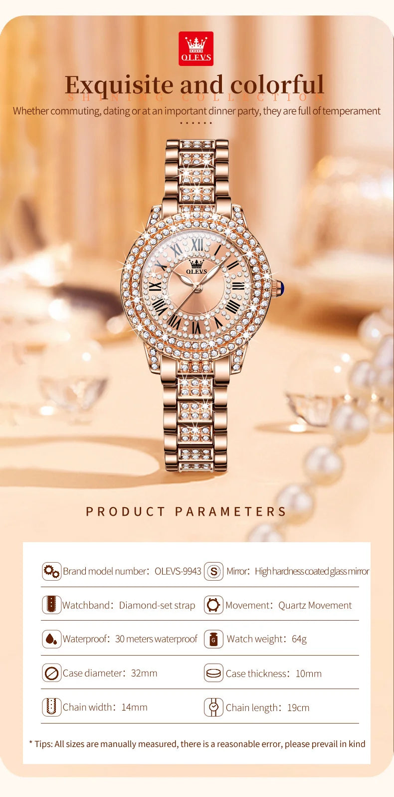 OLEVS 9943 Womens Watch Original Fashion Quartz Watch Roman Inlaid Zircon Dial Reloj Waterproof Luminous  Ladies Watch Box