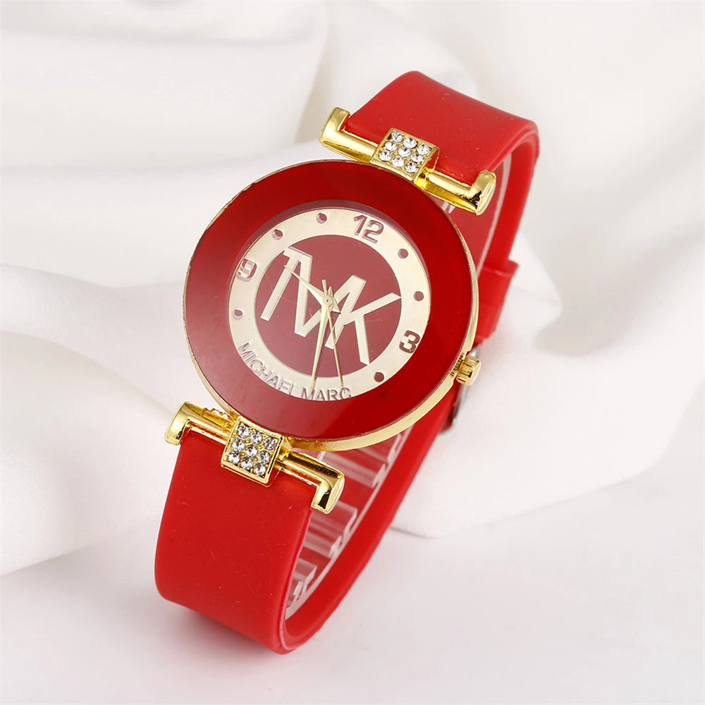 -Fashion TVK Brand Women's Watch Simple Luxury Rhinestone Watch for Women Quartz Watch Casual Silicone Strap Ladies Clock