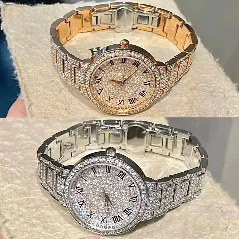 Women Men Fashion Shining Rhinestone Watch Hip Hop Number Quartz Watch Full Diamond Elegant Wristwatch Clock Friend Couple Gifts
