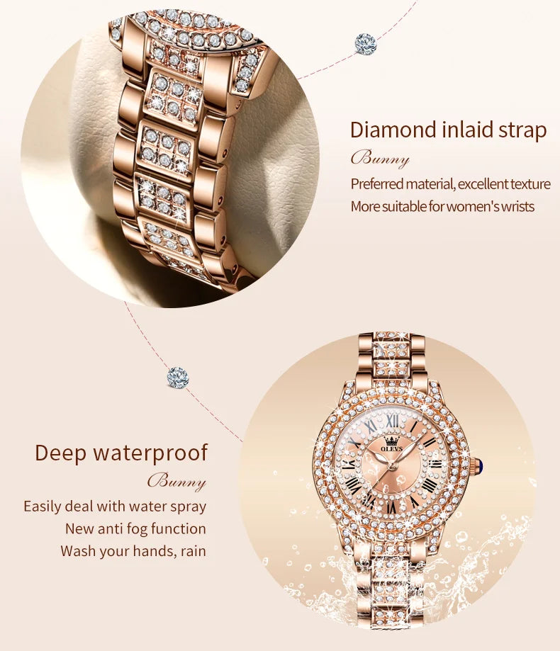 OLEVS 9943 Womens Watch Original Fashion Quartz Watch Roman Inlaid Zircon Dial Reloj Waterproof Luminous  Ladies Watch Box