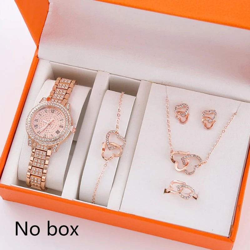 6Pcs Women's Rhinestone Quartz Watch Set Fashion Wrist Watch & Jewelry Set Gift