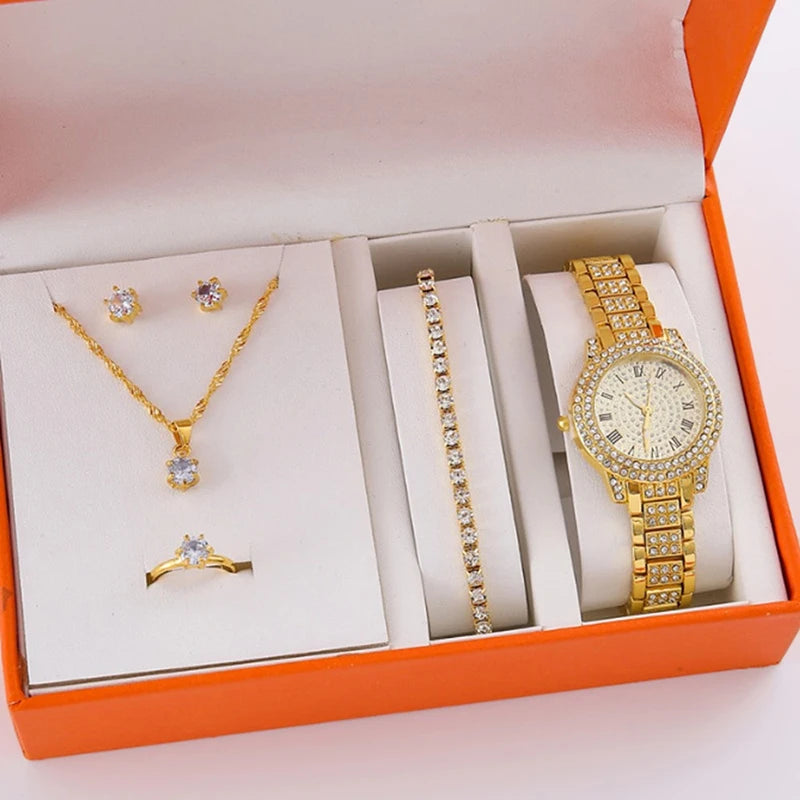 6Pcs Women's Rhinestone Quartz Watch Set Fashion Wrist Watch & Jewelry Set Gift