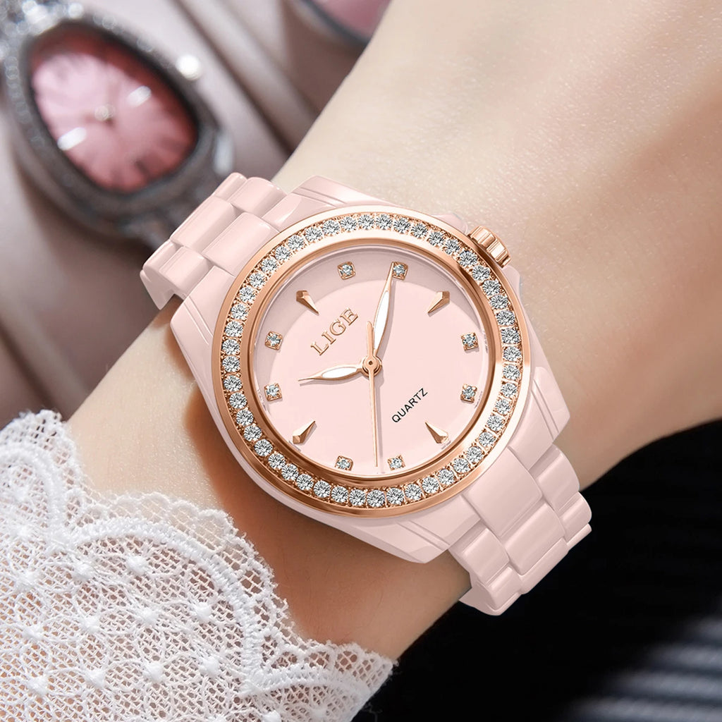 LIGE TOP Women Quartz Watches 2026 Ceramic Elegant Fashion Waterproof Luminous Clock Vintage Watch for Women Reloj De Mujer+BOX