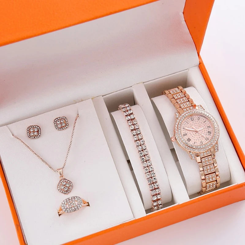 6Pcs Women's Rhinestone Quartz Watch Set Fashion Wrist Watch & Jewelry Set Gift