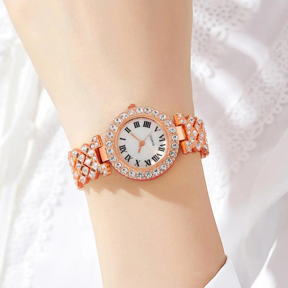 5Pcs/Set Women Luxury Shiny Rhinestone Jewelry Set 2025 Round Dial Quartz Watch Charm Necklace Stud Earrings Finger Ring Set