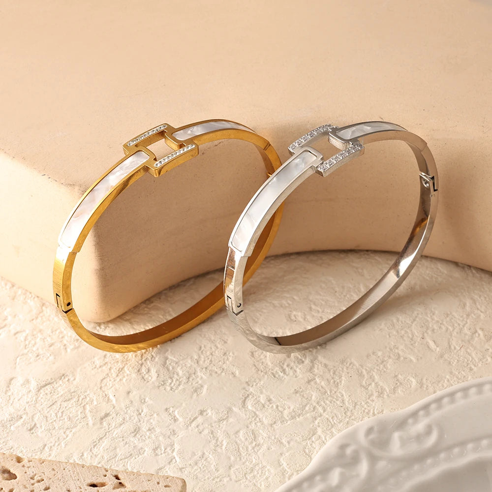 White shell cuff bracelet close-up crystal design