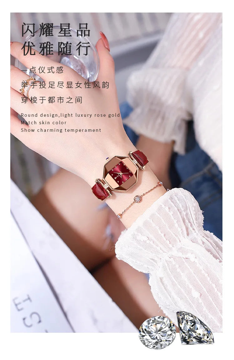 Women Quartz Watch Leather Steel Watch Rhinestone Ladies Bracelet Watch Casual Wristwatch Clock Relogio Feminino