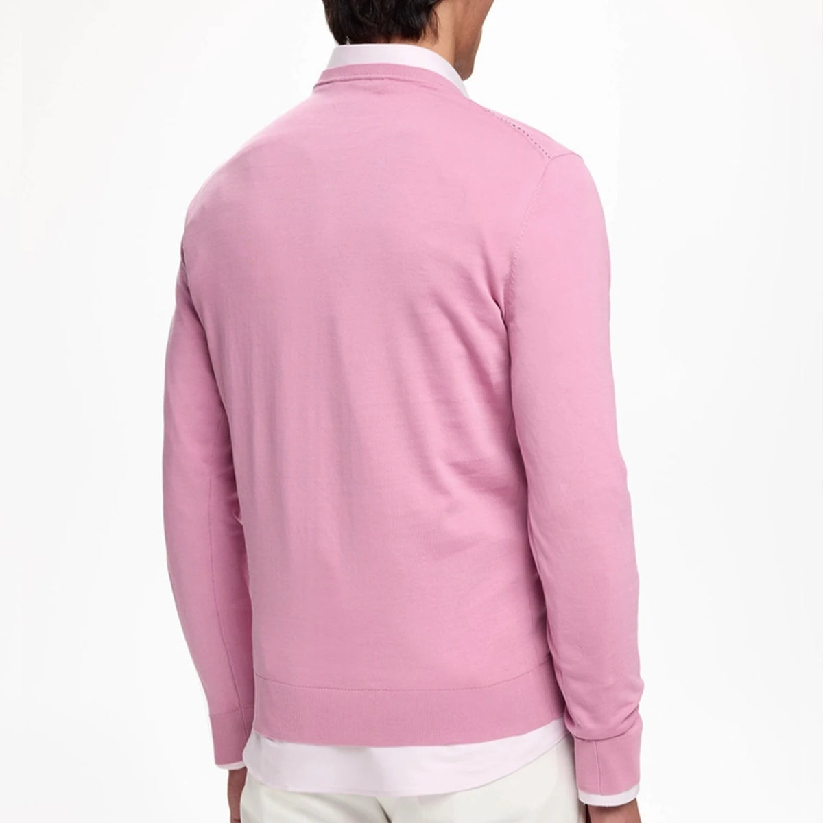 Back view of a man wearing a pink Men's Embroidered V-Neck Knit Sweater with a refined silhouette.