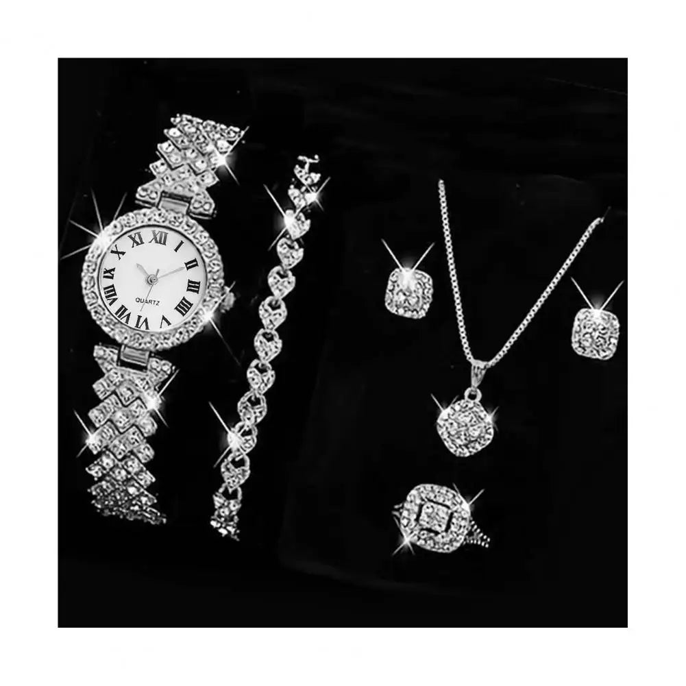 5Pcs/Set Women Luxury Shiny Rhinestone Jewelry Set 2025 Round Dial Quartz Watch Charm Necklace Stud Earrings Finger Ring Set