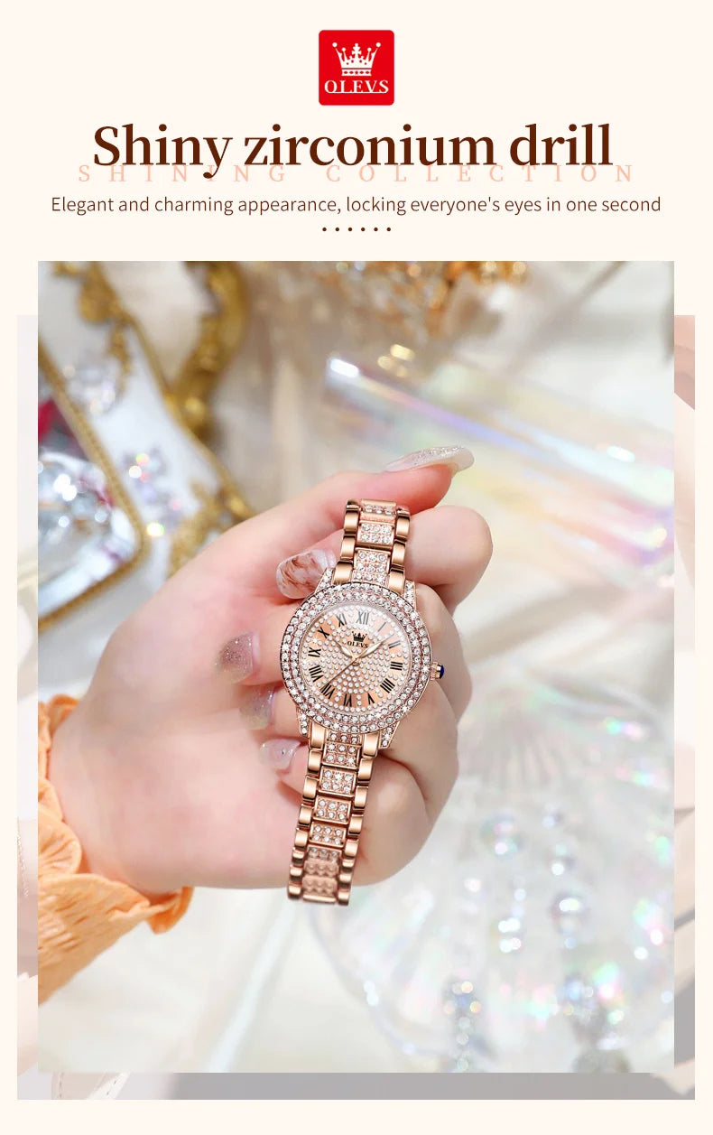 OLEVS 9943 Womens Watch Original Fashion Quartz Watch Roman Inlaid Zircon Dial Reloj Waterproof Luminous  Ladies Watch Box