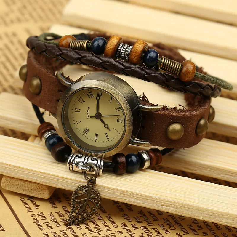 Ladies Designer Vintage Genuine Leather Women Bracelet Watches Brown Retro Roma Quartz Clock Fashion Small Female Wristwatches