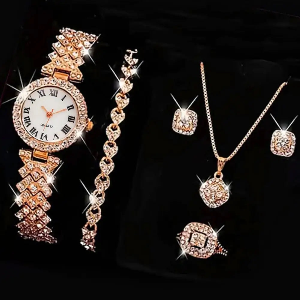 5Pcs/Set Women Luxury Shiny Rhinestone Jewelry Set 2025 Round Dial Quartz Watch Charm Necklace Stud Earrings Finger Ring Set