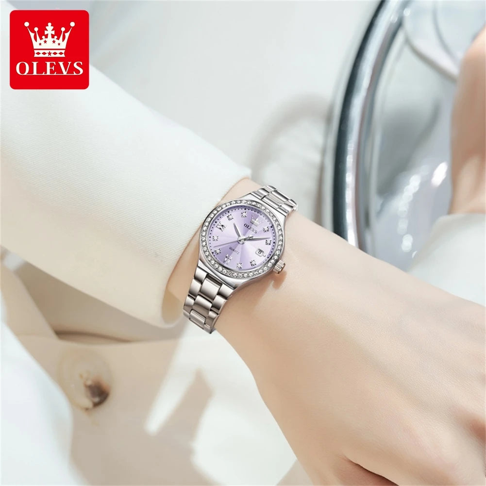 OLEVS 5628 Elegant Ladies' Watch Auto Date Diamond Dial Stainless Steel Waterproof Ladies' Quartz Watch