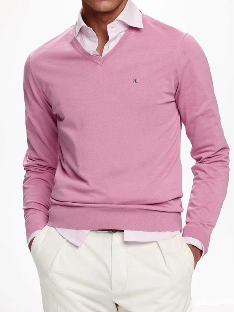 Men's Embroidered V-Neck Knit Sweater in pink, featuring a refined fit and embroidered detail for polished everyday wear.
