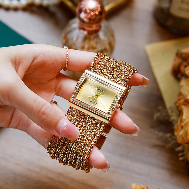 NEW Ladies Watches Fashion Gold Diamond Bracelet Women Luxury  Vintage Quartz Watches Simple Square Dial Female Dress Gifts