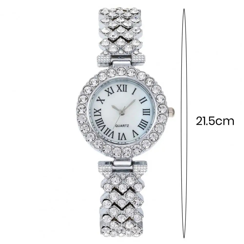 5Pcs/Set Women Luxury Shiny Rhinestone Jewelry Set 2025 Round Dial Quartz Watch Charm Necklace Stud Earrings Finger Ring Set