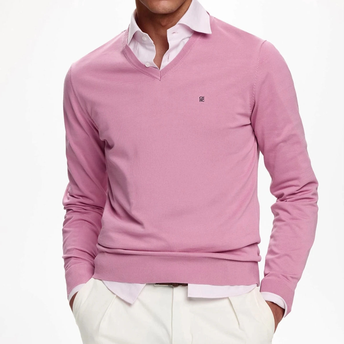 Men's Embroidered V-Neck Knit Sweater in pink, layered over a white shirt, showcasing polished comfort for everyday wear.