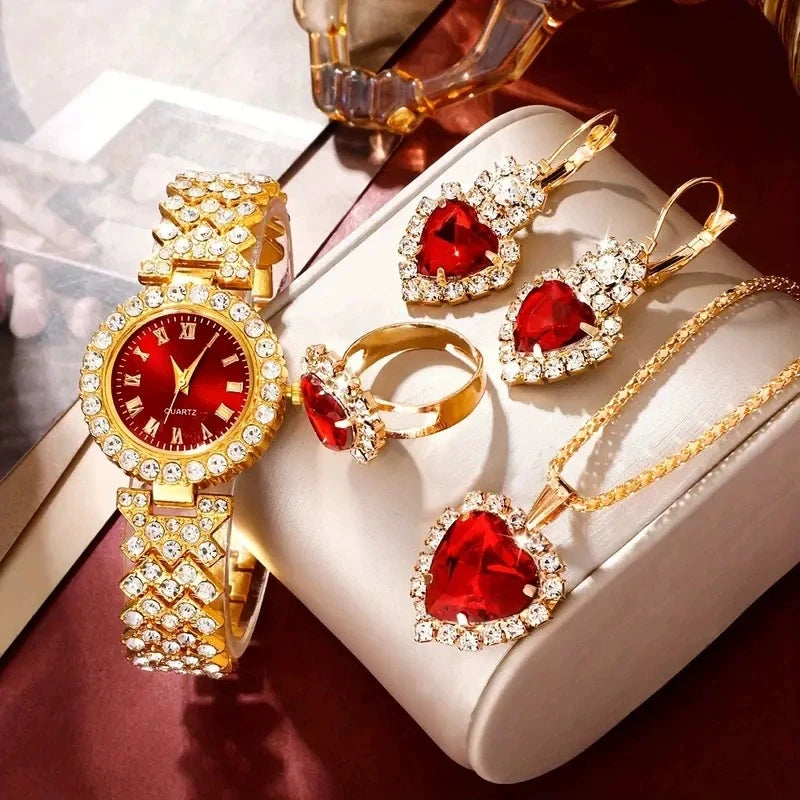 4PCS Set New Fashion Woman Bracelet Watches Ladies Crystal Stainless Steel Wrist Quartz Watch For Valentine's Day Birthday Gifts