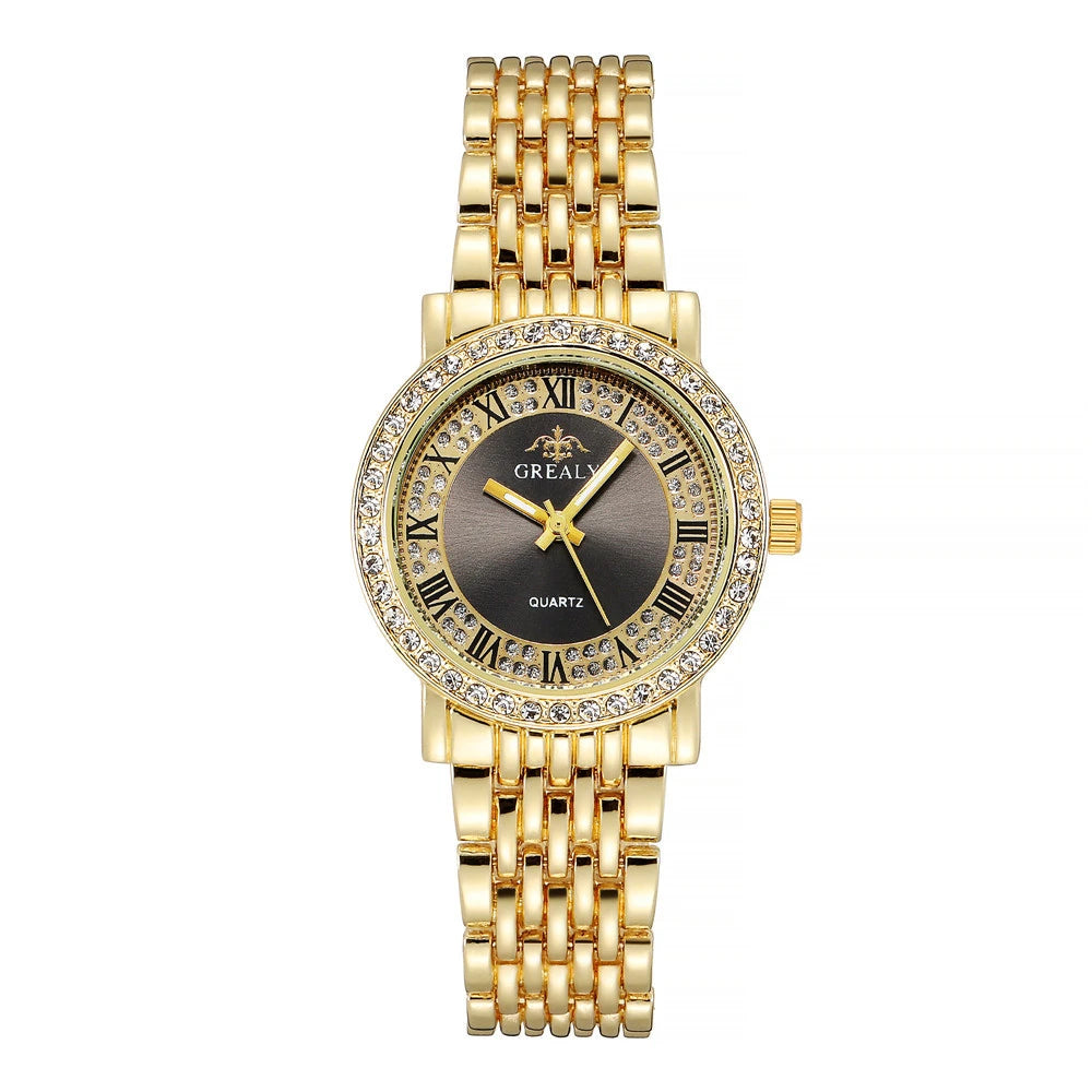 Luxury Branded Women's Watch Fashion Rome Diamond Set Watches for Women Quartz Casual Gold Stainless Steel Strap Women's Clock