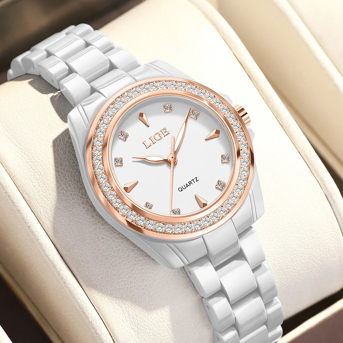 LIGE TOP Women Quartz Watches 2026 Ceramic Elegant Fashion Waterproof Luminous Clock Vintage Watch for Women Reloj De Mujer+BOX