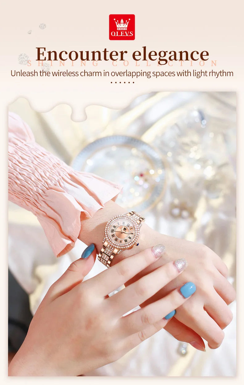 OLEVS 9943 Womens Watch Original Fashion Quartz Watch Roman Inlaid Zircon Dial Reloj Waterproof Luminous  Ladies Watch Box